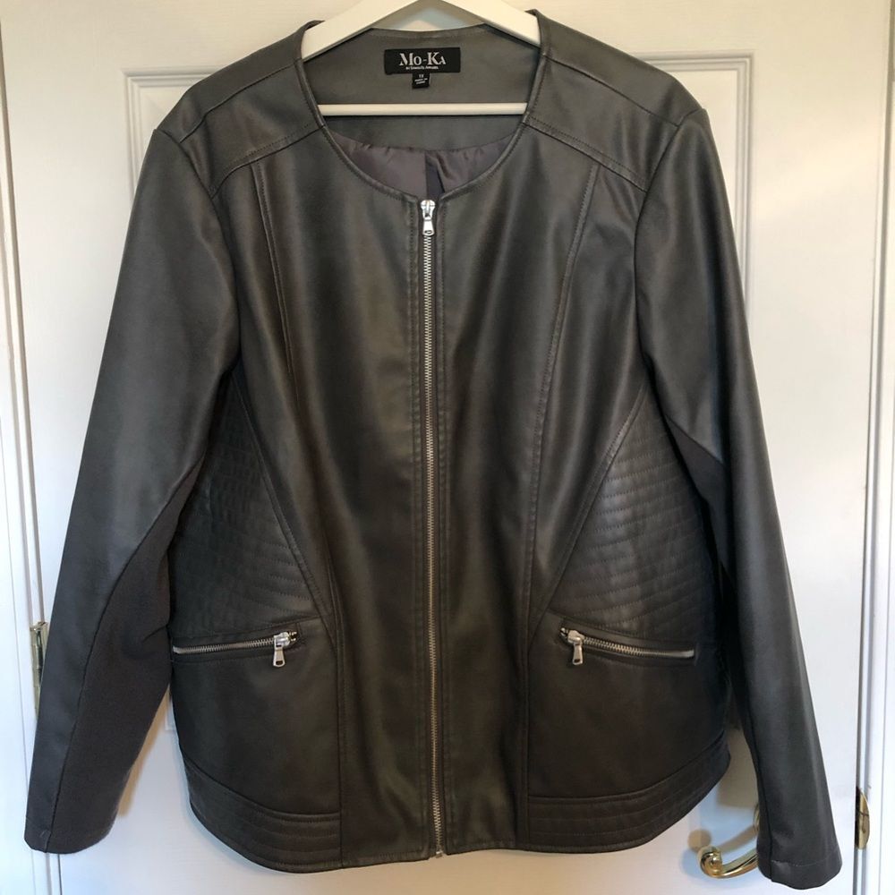 Mo-Ka by Santa Fe Apparel Gray Motorcycle Jacket Faux Leather Plus Size 1X